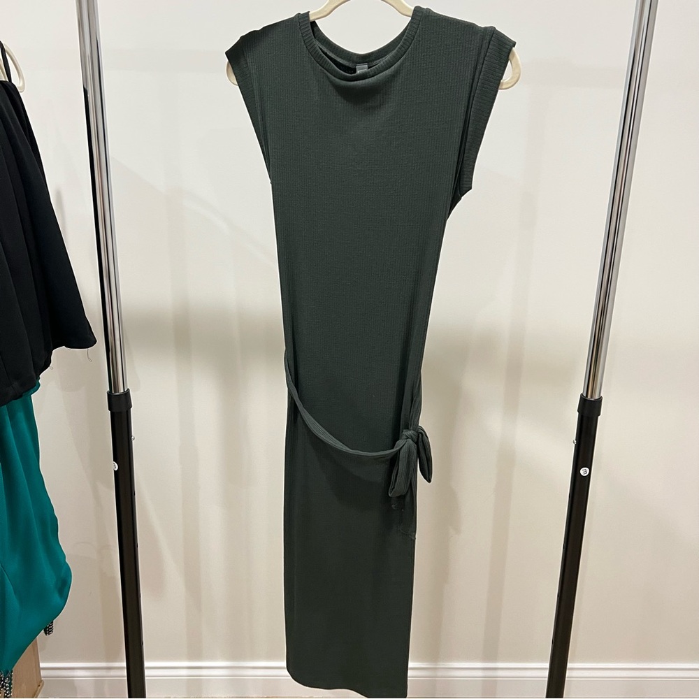 Alya Sleeveless Midi Dress with Side Tie in Dark Green